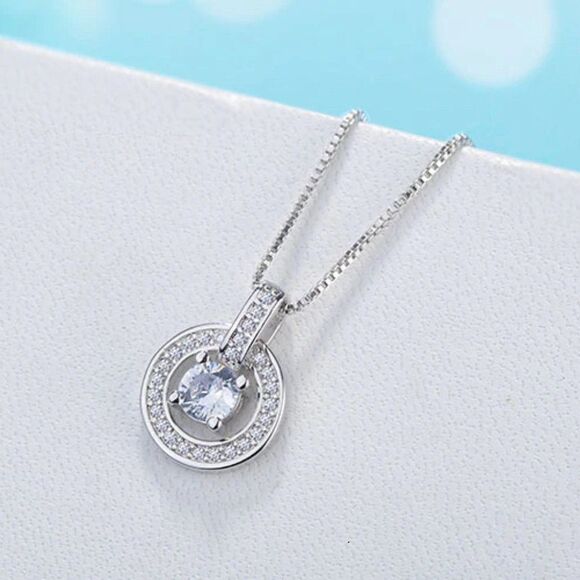 Sterling Silver Solitaire and Halo Pendant Necklace - Picture 1 of 7